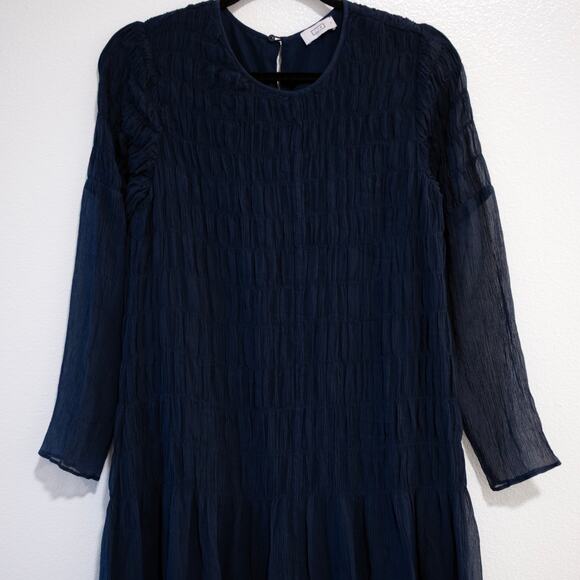 AYR Something Special Dress Navy Blue Silk Cotton Midi Smocked Drop Waist SZ S - Picture 5 of 7